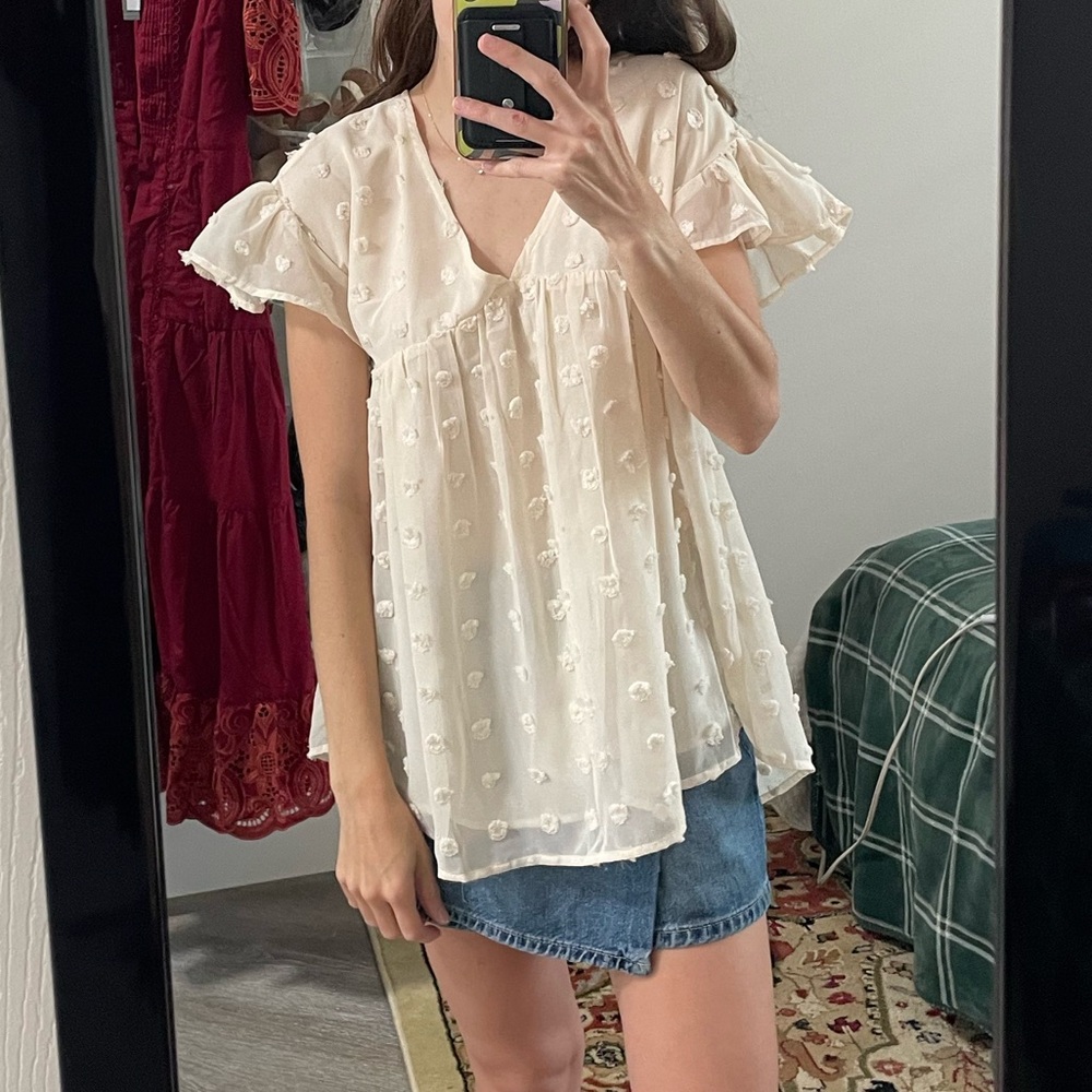 Blue Water Big Sky Cream Sheer Dot Babydoll Blouse – Size S